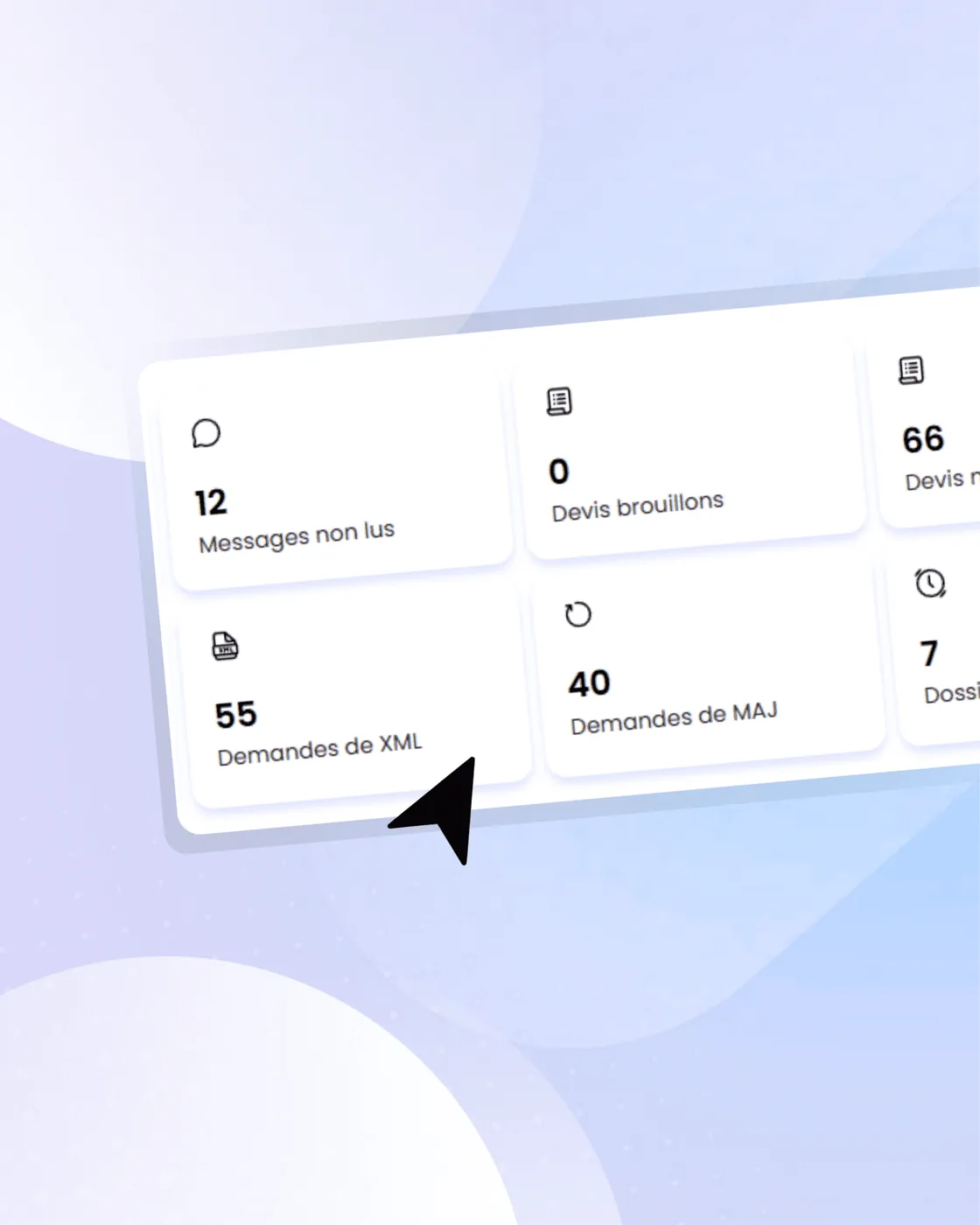 Tableau de bord : messages non lus, devis brouillons, demandes de XML, demandes de mise à jour.